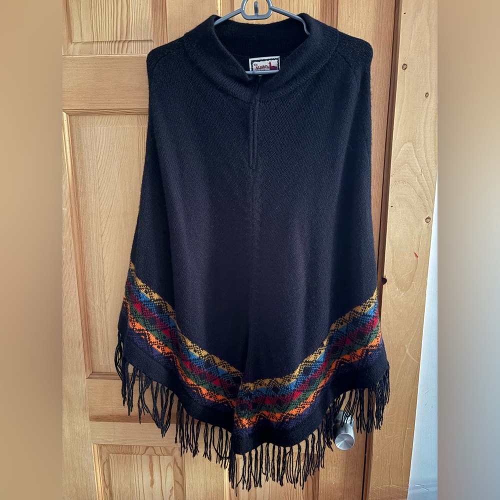 Vintage Black Fringe Poncho with Colorful Geometric Trim